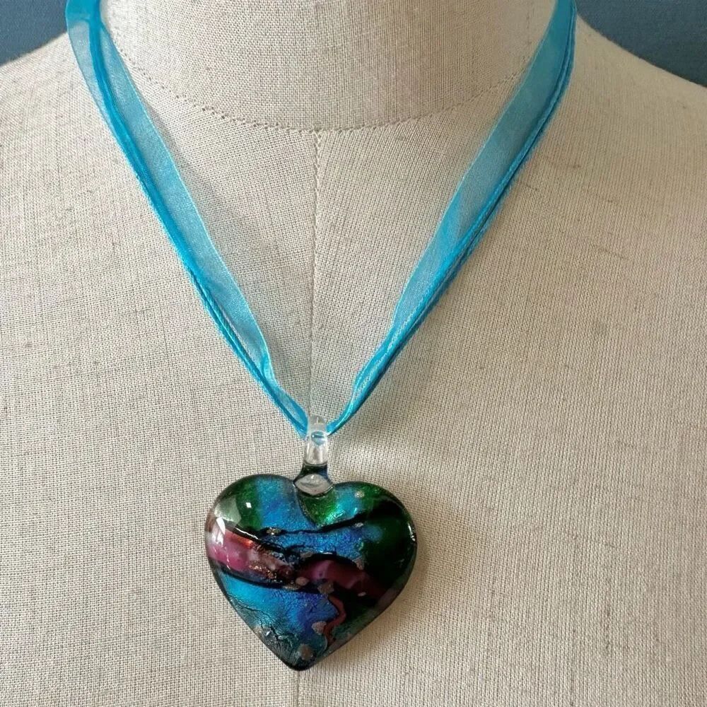 Blue heart glass blown pendant necklace on cord